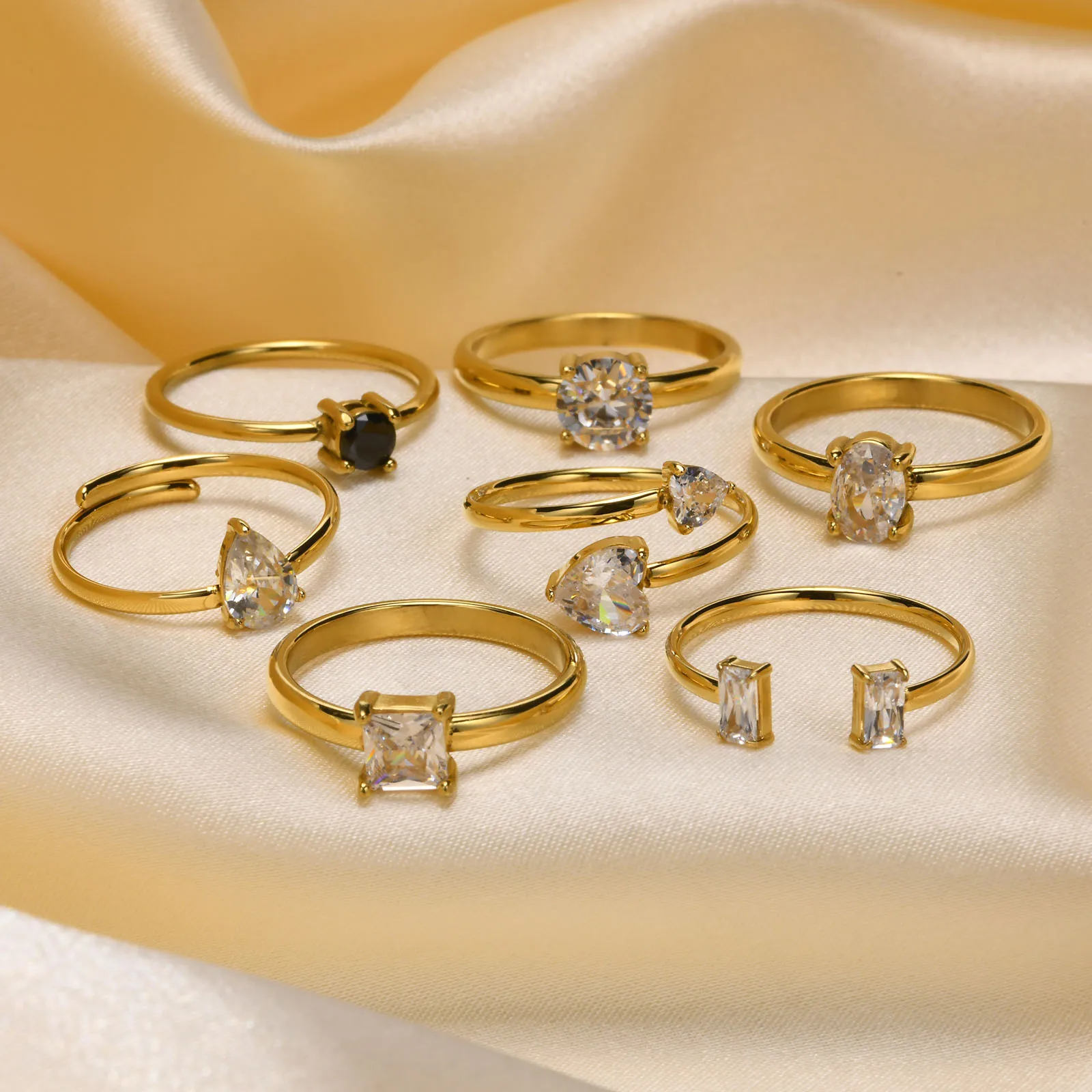 

Minimalist Adjustable Stainless Steel 18K Gold Zircon Heart Open Finger Ring Women Shiny Cz Water Drop Knuckle Ring For Gift