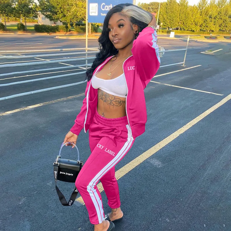 

Fall 2021 Multicolor Custom Women 2pc Print Embroidery Lucky Label Full Zip Two Piece Sweatsuit Tracksuit Ladies Jogger Pant Set, Red,black,rose red,grey