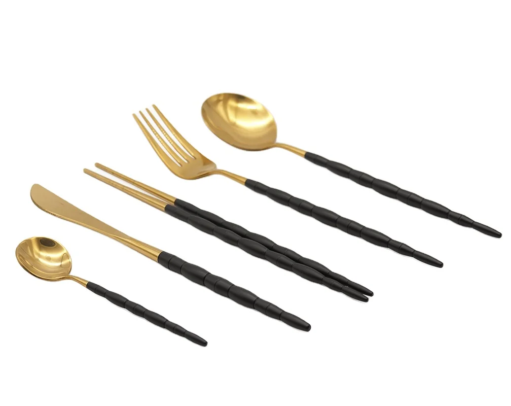

High Class Hotel Dinnerware 18/10 304 Brass Knife Fork Spoon 5pcs Stainless Steel Cutlery Set, Customized color