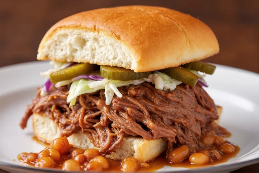 Dr Pepper pulled pork sandwich on toasted bun with coleslaw and pickles, served with side of baked beans
