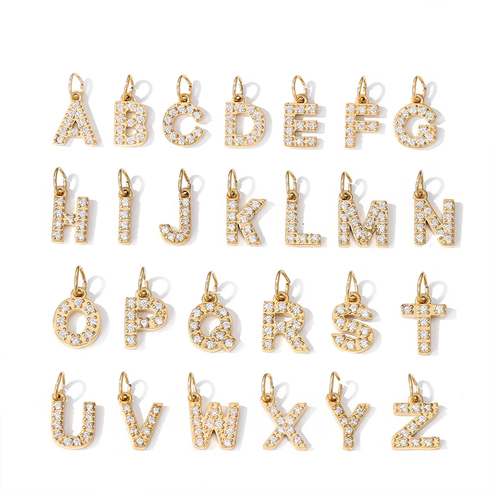 Gold Plated Cz  Zirconia Diamond Alphabet A-Z Zircon Cubic Initial Charm Capital Letters Jewelry Set for Necklace Making
