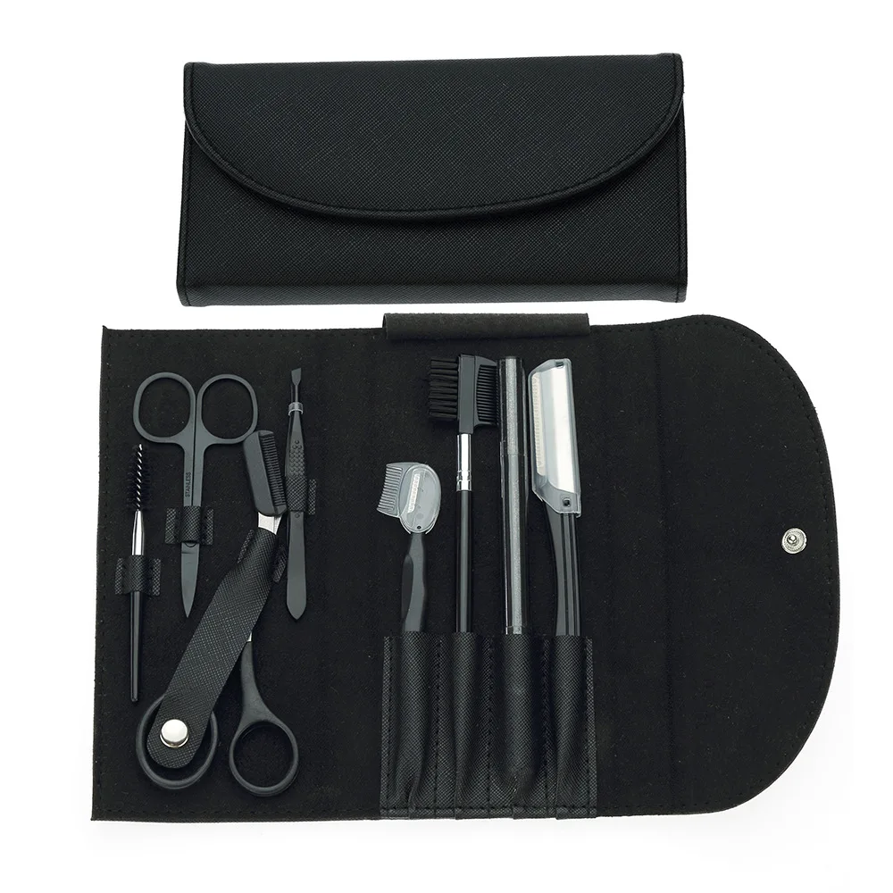 

New Lady Beauty 8Pcs Eyebrow Trimmer Set with PU Bag, Black