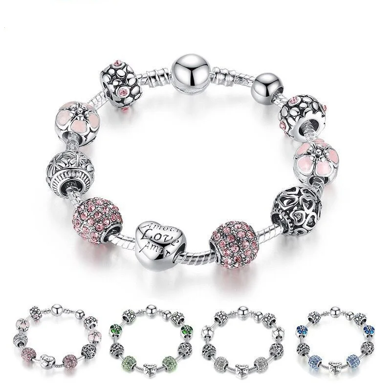 

Sterling Silver Plated Charm Bracelet & Bangle with Love and Flower Beads Women Wedding Jewelry 4 Colors, Pink/white/green/blue