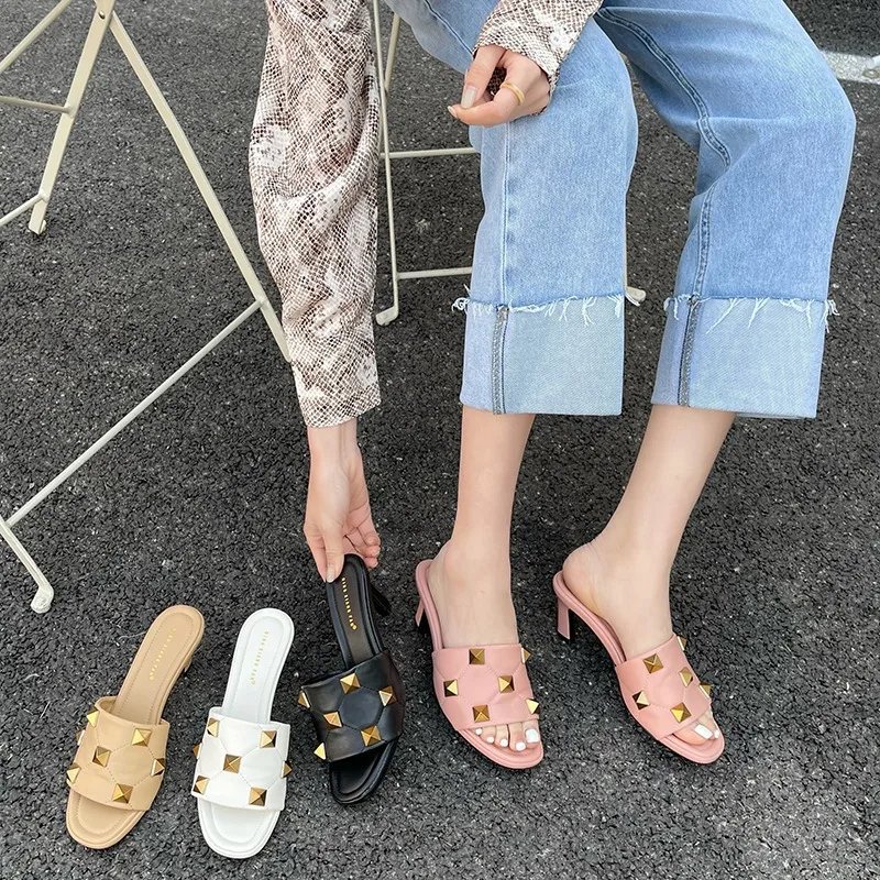 

New arrival women's fashion rivet summer sandals simple slippers high heel pipe-toe sandals shoes for ladies and girls, 4colors
