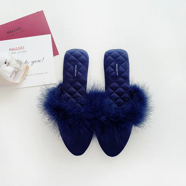 

New arrival Women Feather Fluffy Satin Slippers Ladies Furry Breathable Flat Indoor Shoes, Three colors
