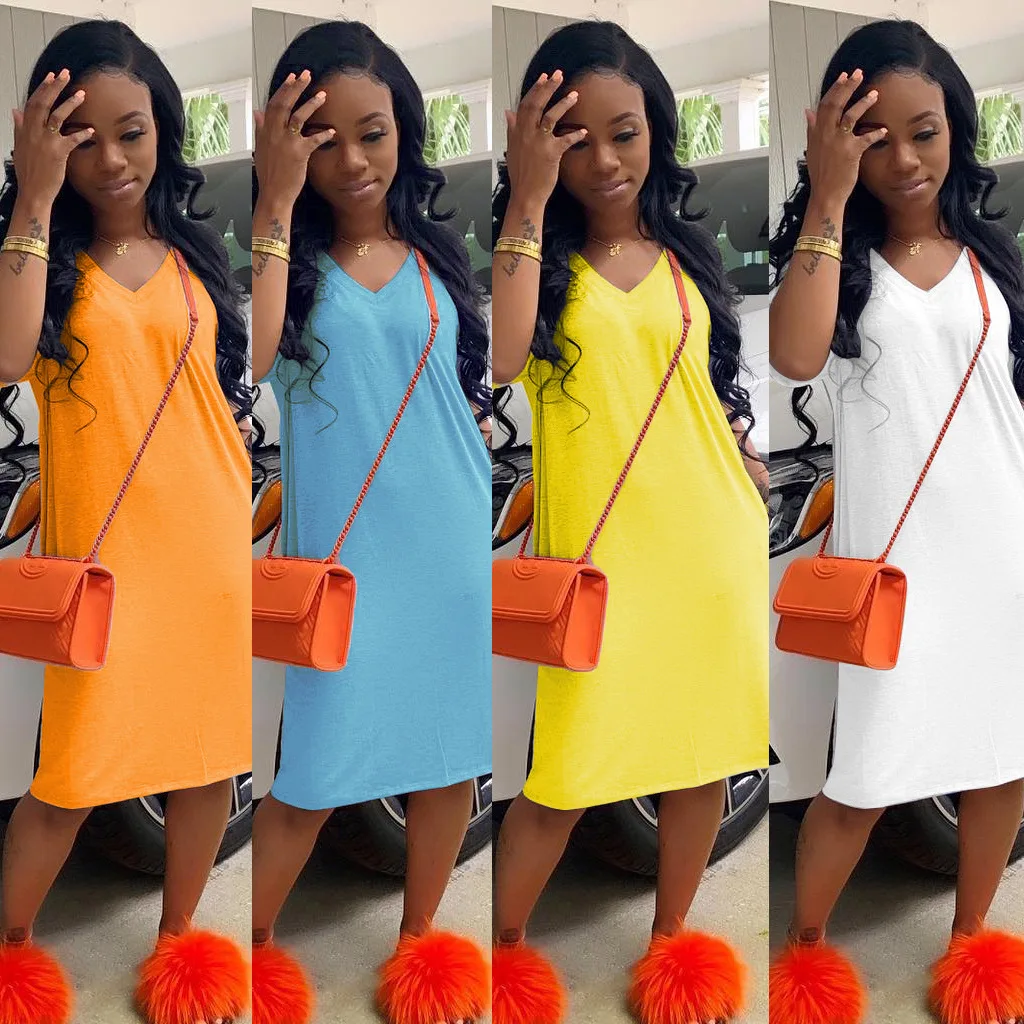 

Wholesale Amazon Simple 2021 Women's Loose Printed Solid Color Short Sleeve v Neck Cotton Casual Dresses For Women, Shown