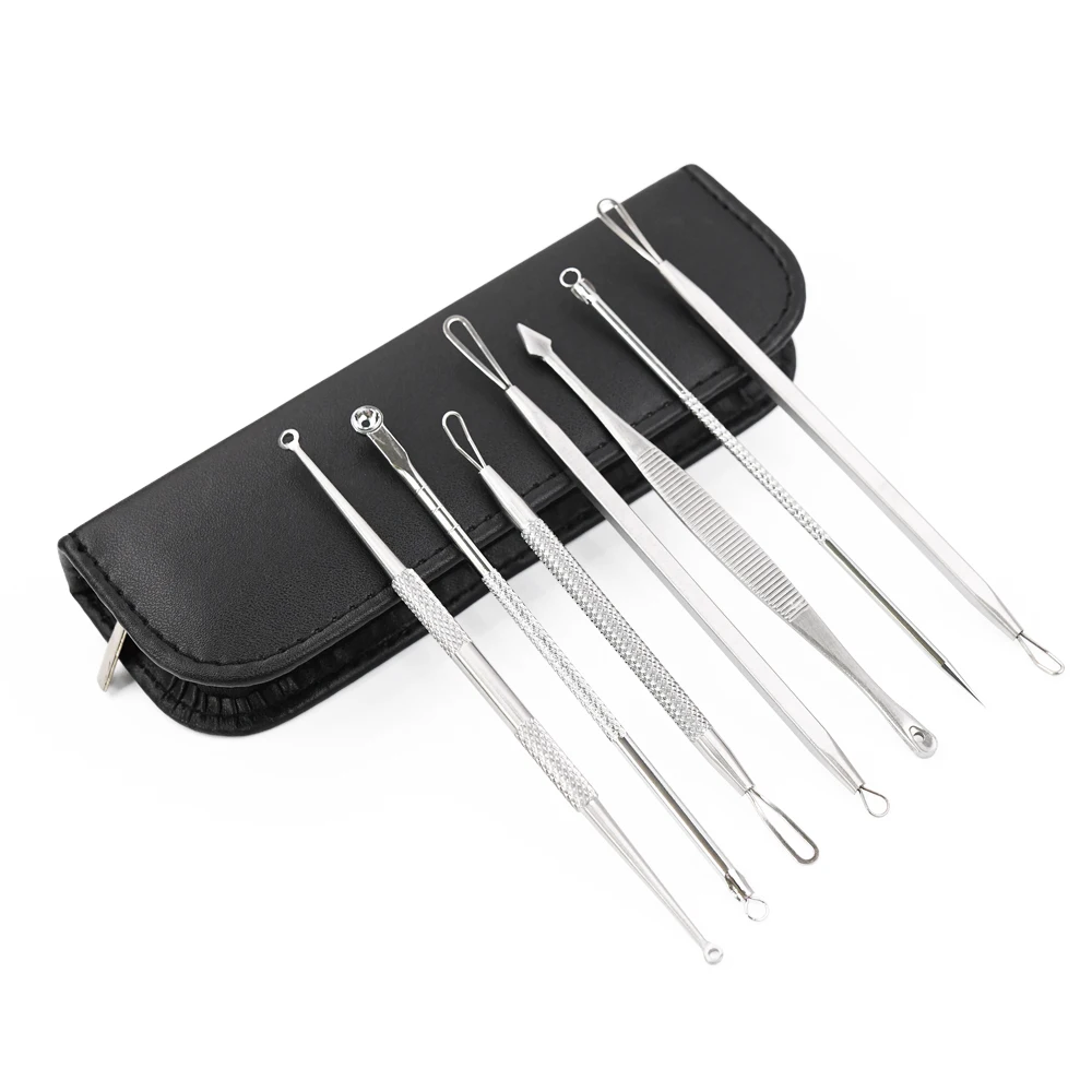 

Face Acne Needle Stainless Steel 7pcs Blackhead Remover Tool Kit With PU Bag, As the picture