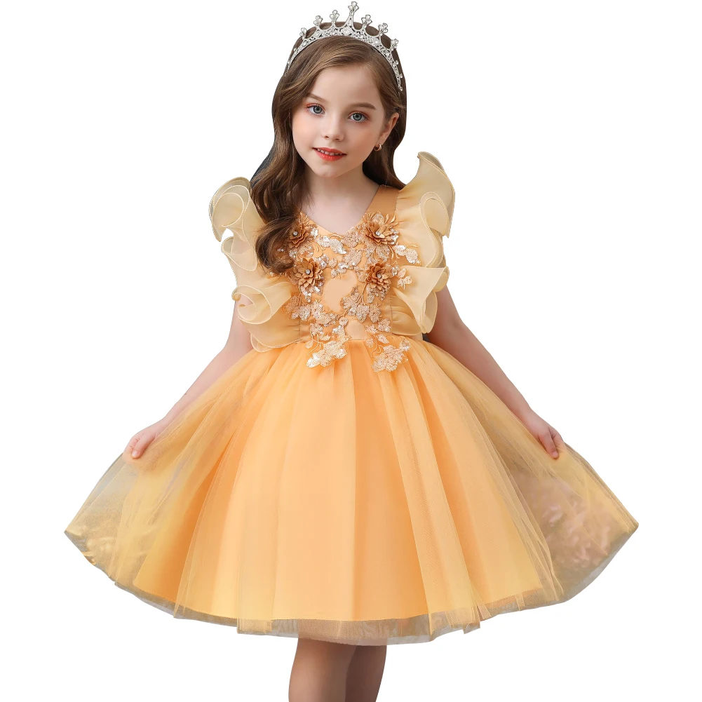 

Child temperament embroidered girl party dresses for kids yellow noble flower girls dresses for children 2-10 years old