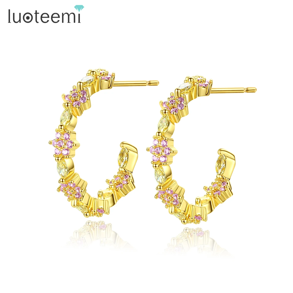 

LUOTEEMI 18K Solid Gold Plated Trendy C Shaped Hoop Earrings Brass Crystal Earrings Stud for Women Jewelry Wedding