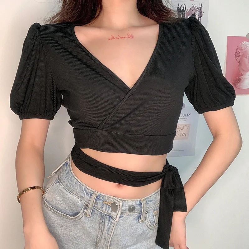 

Puff Sleeve Crisscross Selfbelt Sexy Plunging V Neck Tee Crop Womens Shirts, Customized