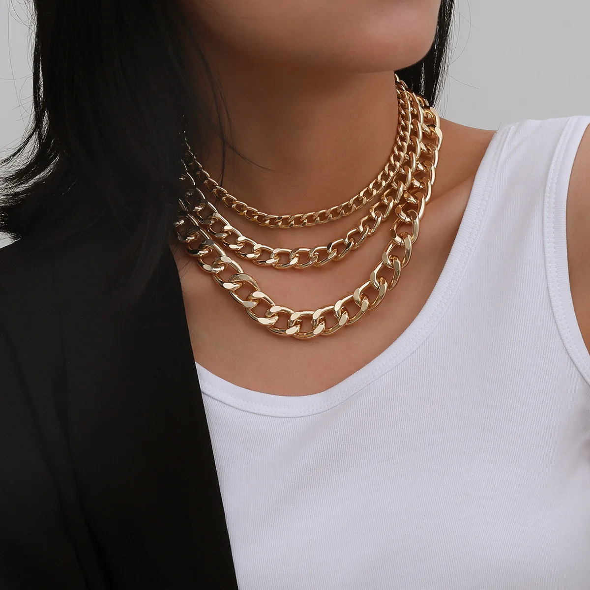 

Statement Punk Hip Hops Gold Silver Plated Chunky Link Chain Choker Necklace Multilayer Miami Curb Link Chain Necklace, Picture color
