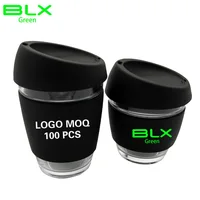 

BLX Free Sample Custom Printed Logo Reusable Double Wall Glass Coffee Cup Black Sleeve With Blue Silicone Lid