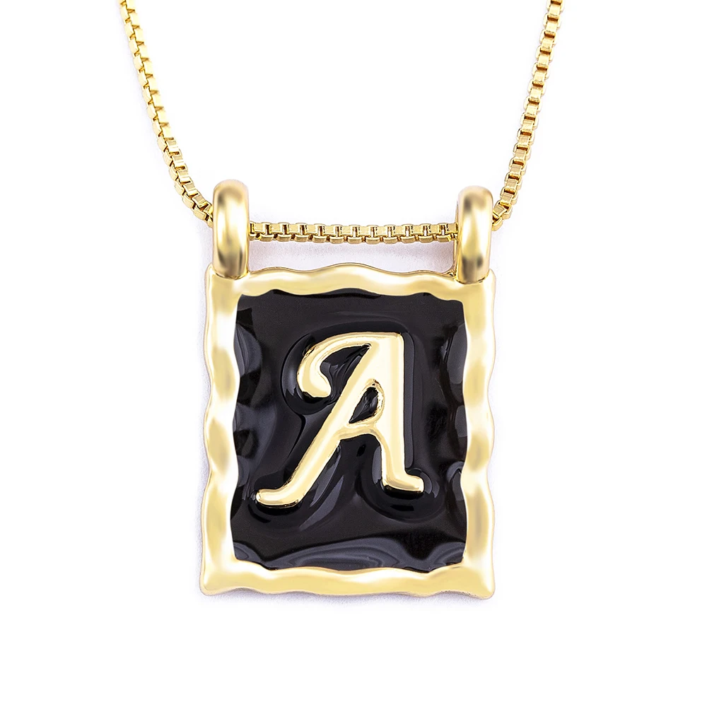 

New Trendy Rectangle Necklace 26 Initial Letter Pendant Black Color Gold Plated Cubic Zircon For Jewelry Women Girls Wholesale, As pictures