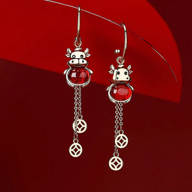 

New S925 Silver needle Zodiac Hongyun Ox Earrings coin Auspicious New Year earrings long female earrings, Picture