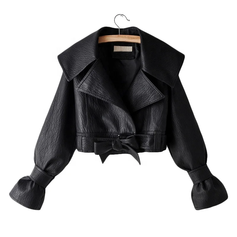 

TWOTWINSTYLE Women's Jacket PU Leather bow Long Sleeve Thick Short Females Coat 2020