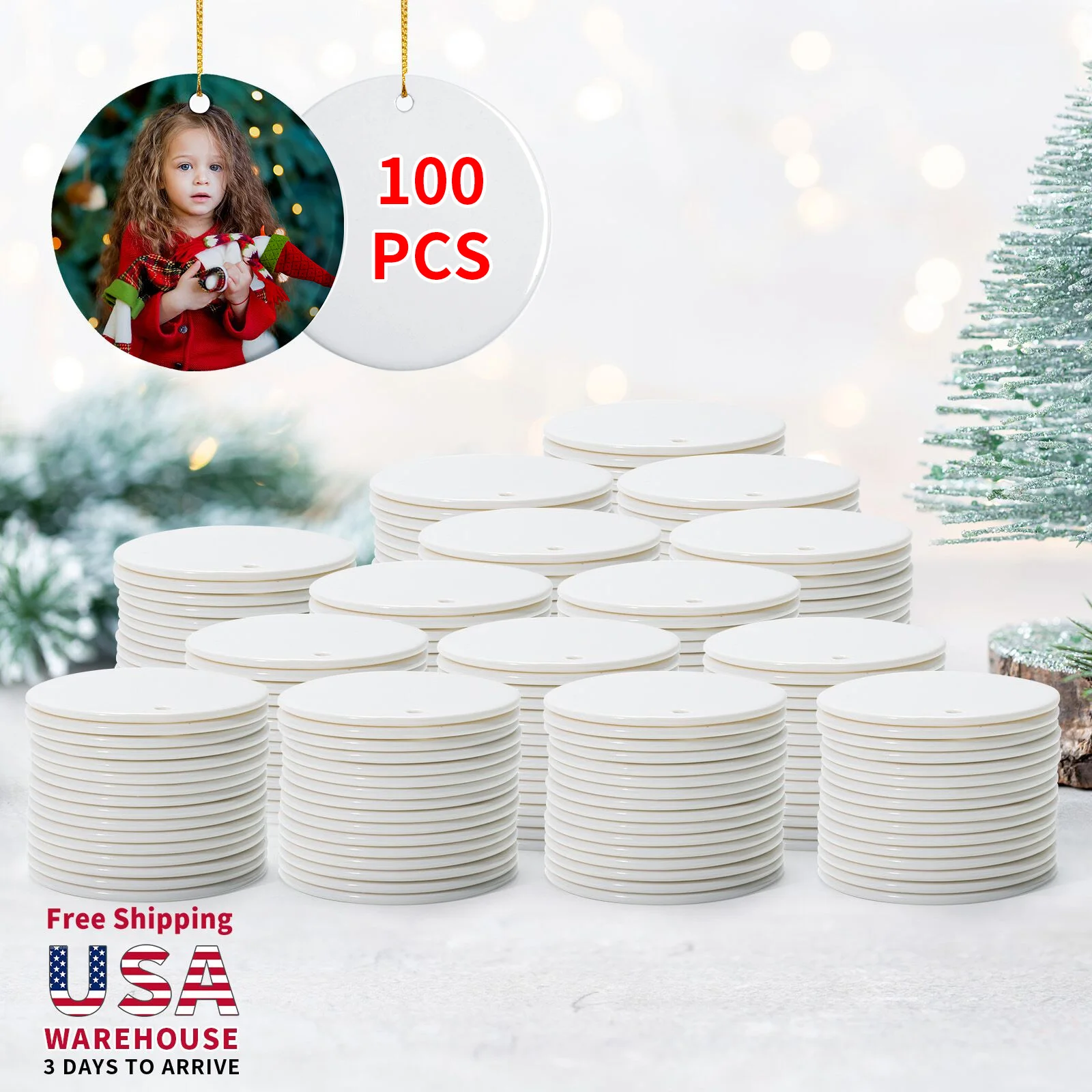 

PYD Life USA Warehouse Free Shipping Wholesale Custom 3 inch Ceramic Sublimation Christmas Ornaments Blanks Personalized