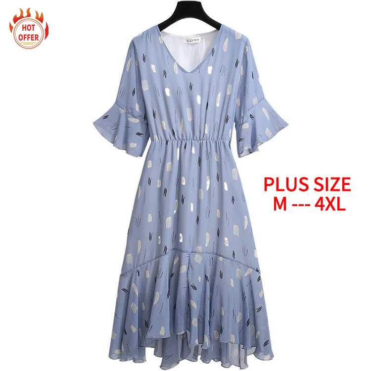 

Hot Sale V-Neck Half Sleeve Stylish Sexy Elegant Chiffon Floral Midi Woman's Summer Casual Plus Size Dress, Light blue