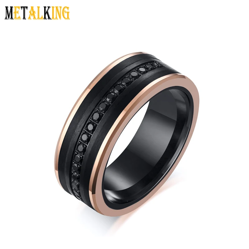 

Rose Gold and Black Tungsten Carbide Wedding Band Eternity Ring, Black Cubic Zirconia Inlay Comfort Fit