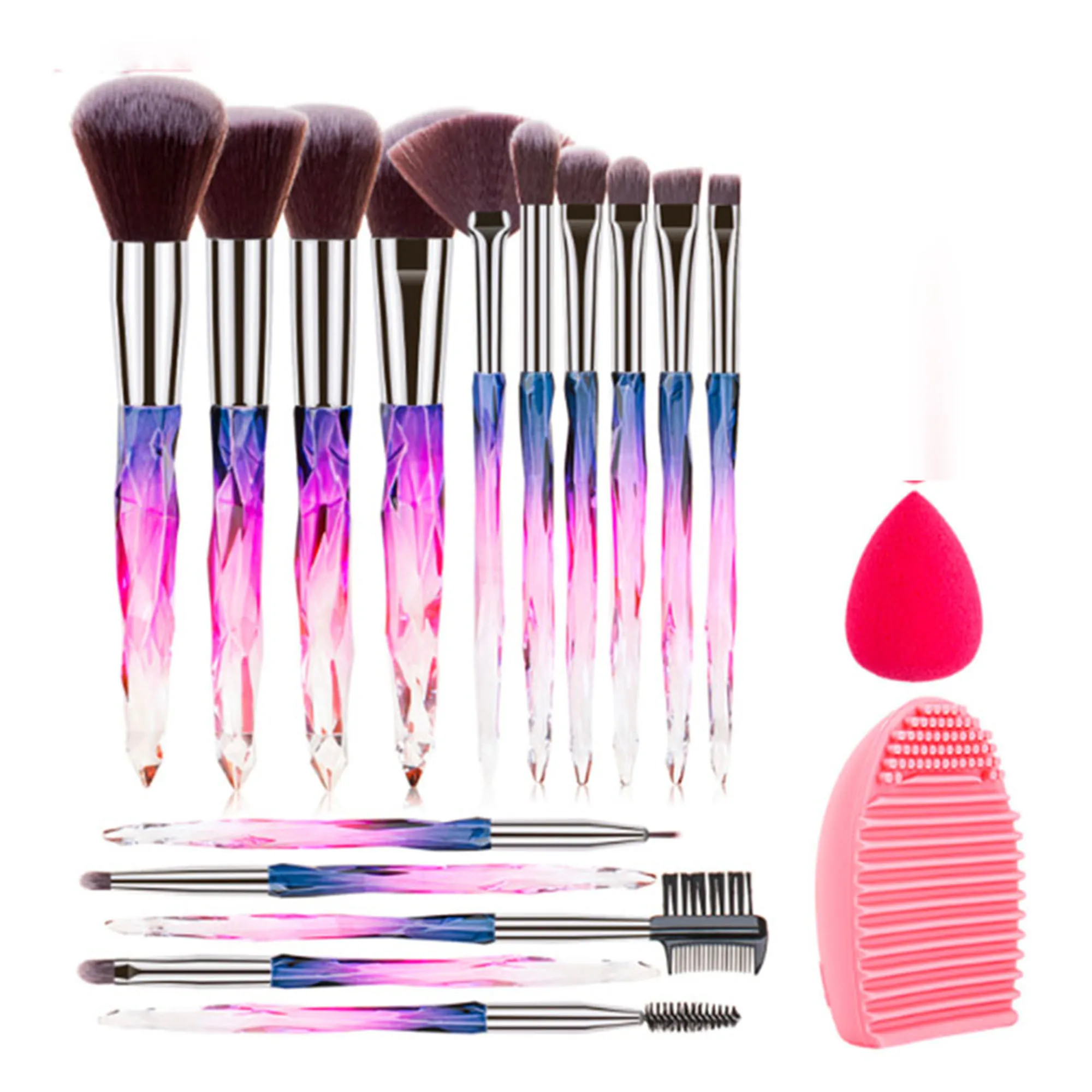 

15pcs makeup brushes crystal with a soft beauty sponge and a silicone make up brush cleaner tool
