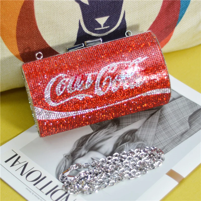 

2021 Cola diamond bag with rhinestone shiny cola handbag diamond shoulder bag women evening party rhinestone bag, Silver and red or custom