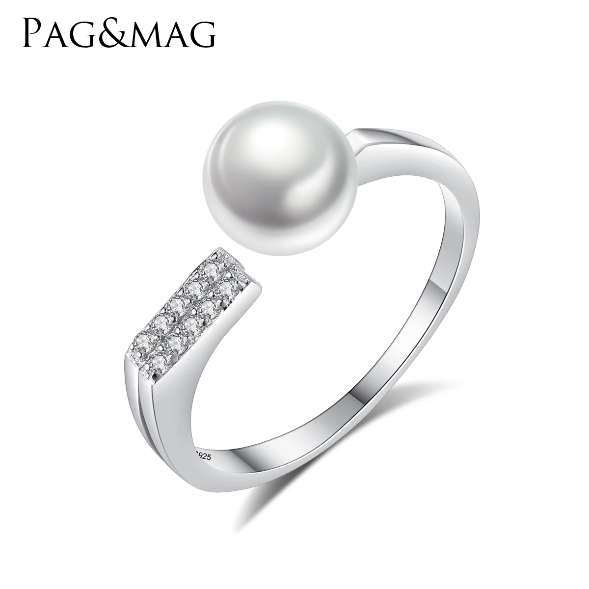 PAG&MAG New Fashion 925 Silver Irregular Circle Ring Mounting Great Freshwater 7mm Pearl for Women Anniversary's Gift or Party