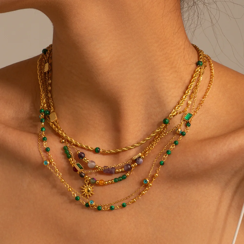 Vintage Jewelry Colorful Natural Stone Ball Chain Sunflower Pendant Necklace Waterproof Gold Plated Stainless Steel Chain Choker