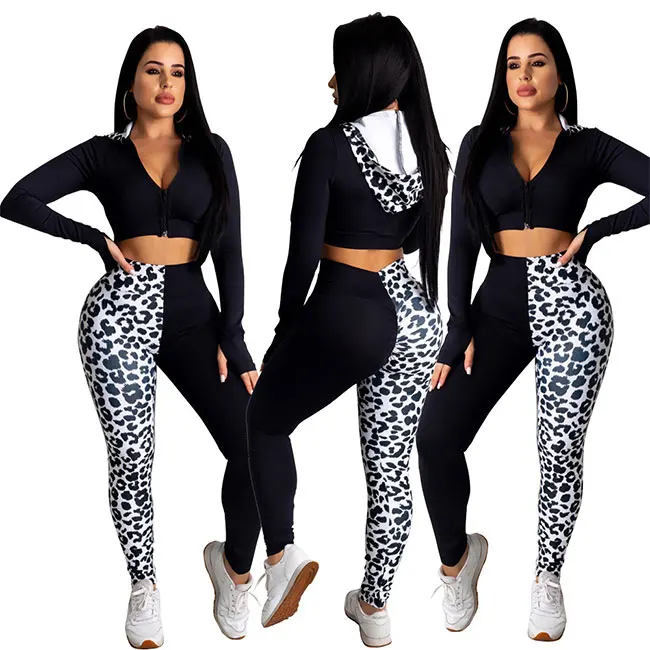 leopard Color Long Sleeve Hooded Sweatshirt Long Pencil Pants Woman Fashion Two Piece Sports Set Women Clothing