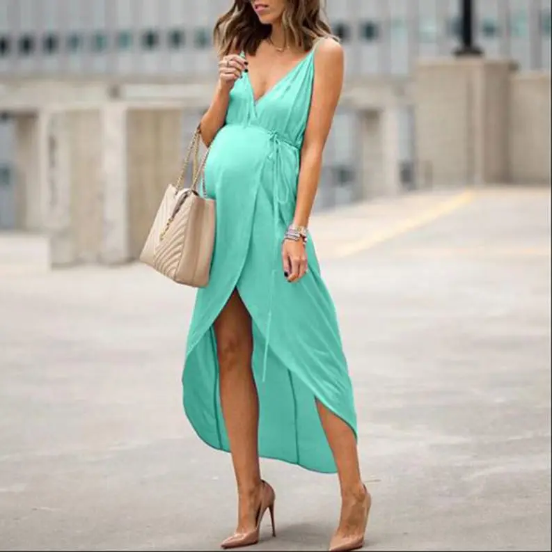 

Hot 202 Maternity Maxi Dress V-neck halter sleeveless irregular belted Long maternity dress Wholesale maternity maxi dress, 2 color