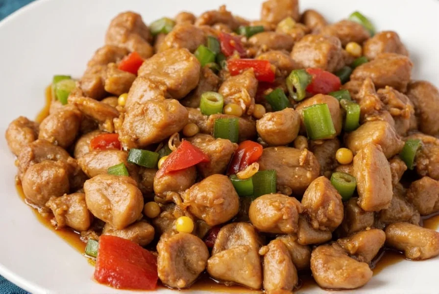 Close-up of sizzling ginger pork stir-fry in wok with fresh ginger slices and green onions