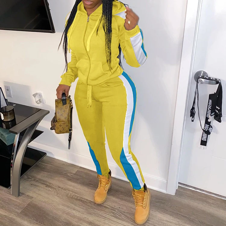 

Contrast Color Long Sleeve Hooded 2 Piece Sets 2020 Fashion Women Outfit Two Piece Pants Set Plus Size Pants Set -HY, Pink,yellow,red,gray,black,navy blue,blue