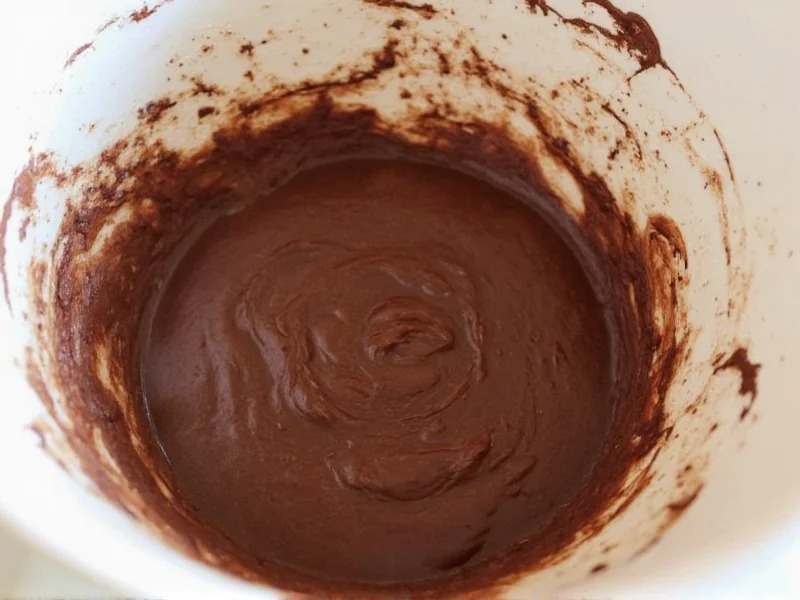 Homemade brownie batter in mixing bowl with melted chocolate