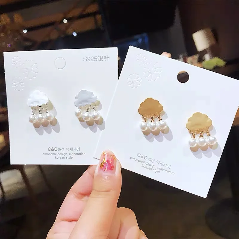 

JUHU 925 Silver Needle Earrings Female Rain Clouds Raindrops Pearl Sweet Clouds Short Earrings