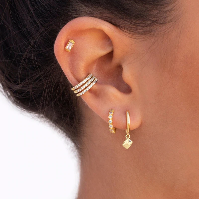 

925 sterling silver women Minimalist gold plated earrings no piercing Dainty Pave CZ Hinged Ear Cuff Earrings