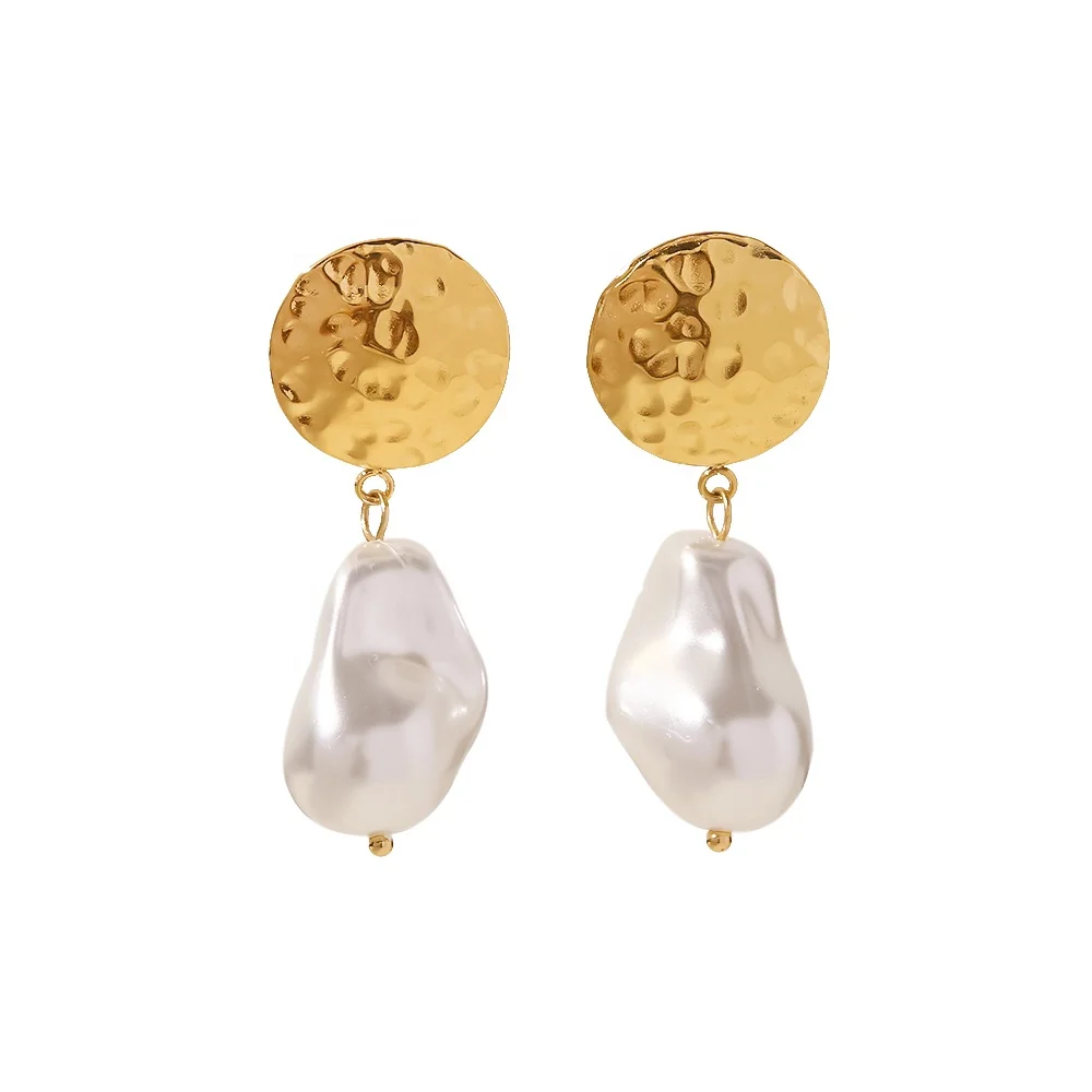 

18k Gold Plated Stainless Steel Irregular Pearl Pendant Hammered Coin Design Drop Earrings For Women