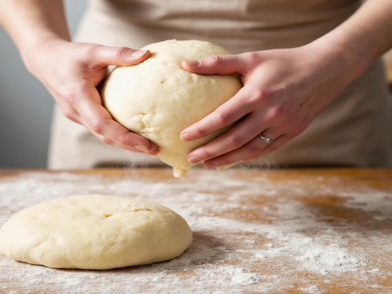 Hands gently stretching yeast bread dough during windowpane test