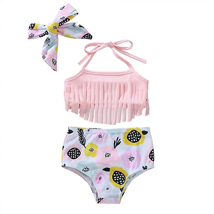 

2022 Hot Selling Summer Beach Baby Girl Pink Tassel Sling Flowers Shorts Halter Swimsuit Bathing 3 Piece Swimwear, Provide color chart