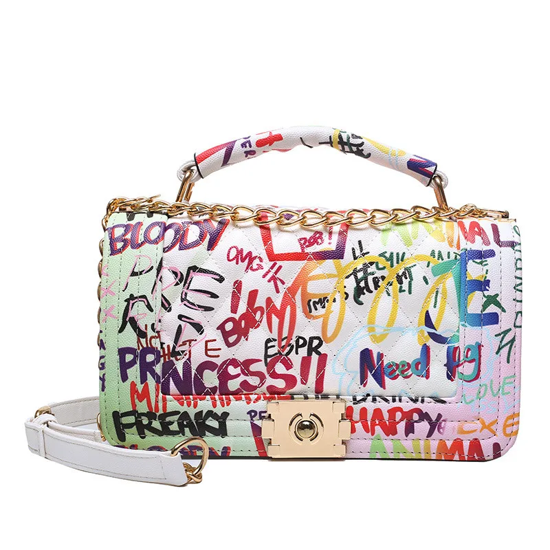 

Women graffiti handbag Lingge chain small square bag trend Mommy bag Single Shoulder Messenger Bag