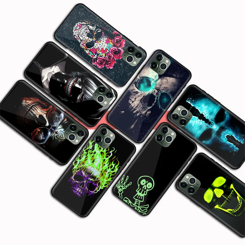 

Custom Print skull tattoos halloween art Glossy Glass Hard Plastic Phone Case for iPhone 11 12 for samsung, Black