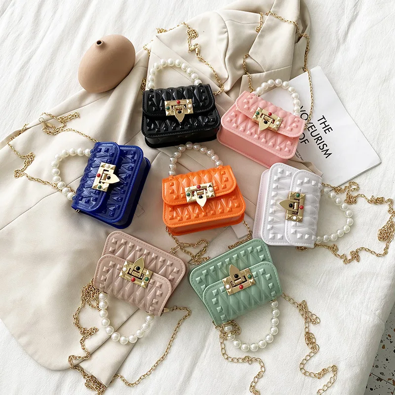 

Women's bags 2021 new summer rhombus nail nail leaf lock pearl hand-in-hand jelly small square bag casual lipstick bag, Customizable