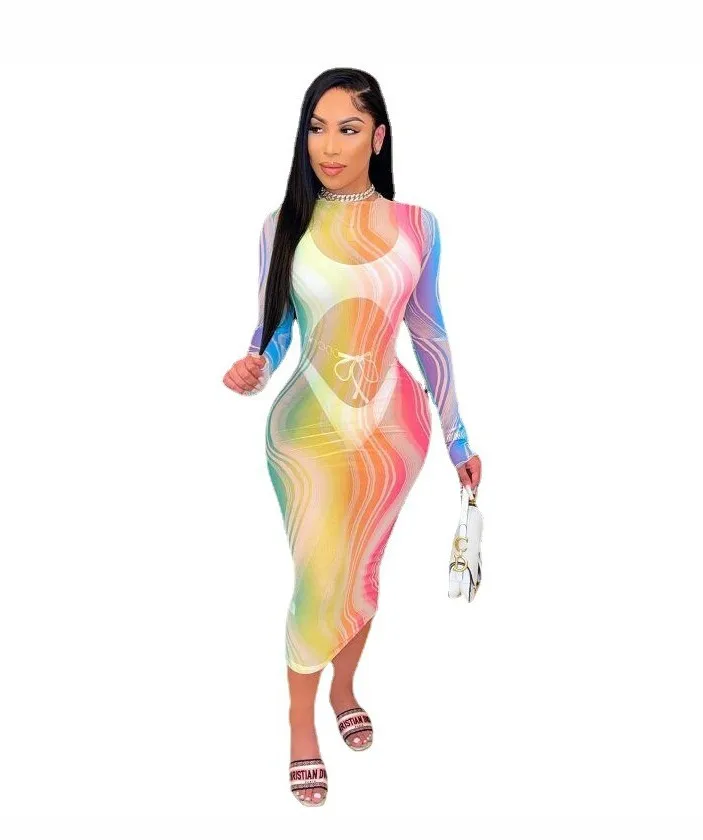 

wholesale swimwear cover up see through maxi rainbow print long sleeves tight buttockline skirt sexy women mesh dress