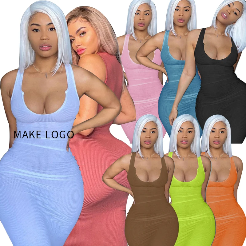 

2021 Sleeveless Solid Spring casual dress club Ribbed Skinny knitted rib knit Summer Women plus size Sexy tubec