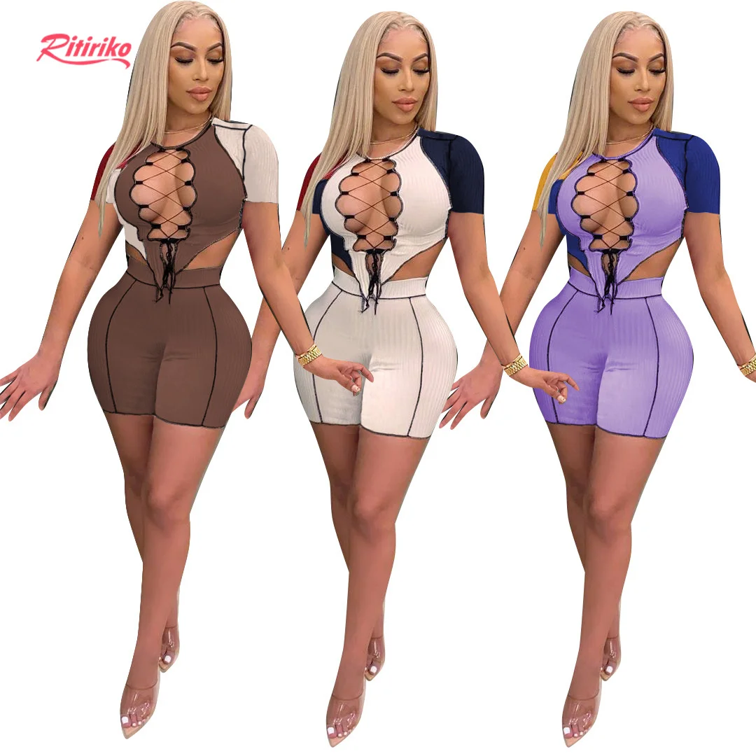 

Deporte 2021 Summer New Casual Patchwork Hollow Out Sexy Crop Tops Shorts Women Two Piece Sets Plus Size Tracksuits For Women, Purple, apricot, brown