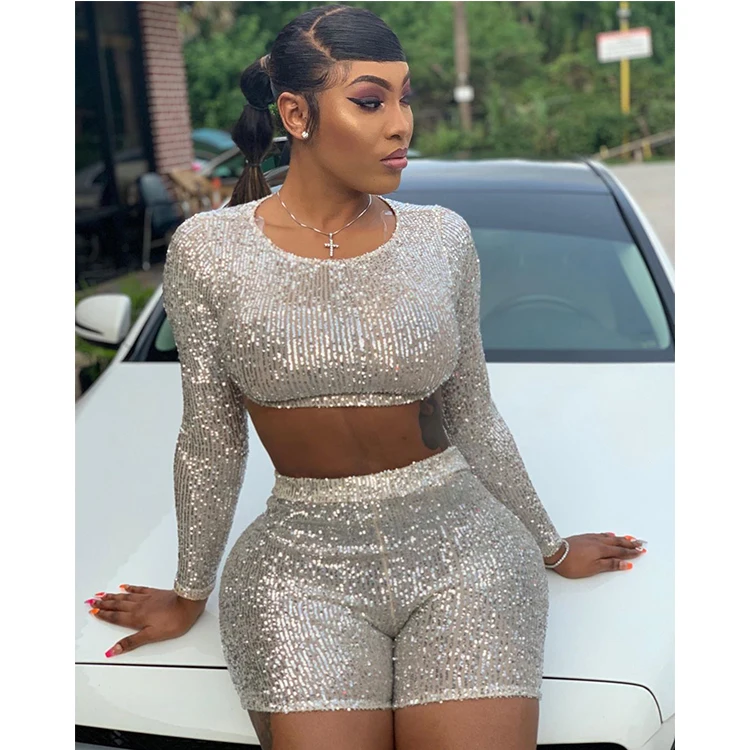 

Two piece crop top set Clothing Casual Sexy Sequins Long Sleeve Short Shirt Bodycon Pants Ladies Mesh Glitter Clubwear Plus Size