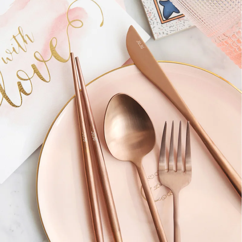 

10OFF JUJU B416 Hongda Unique Patent Design 304 Matte Polish Wedding Flatware Rose Gold Stainless Steel Cutlery Set, Silver, gold, rose gold, black, white, rainbow, blue, pink, red