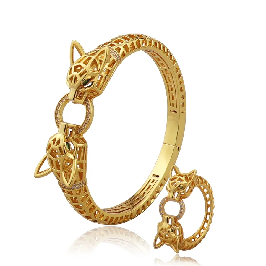 

Fashion copper leopard bangle jewelry set of bracelets 18K gold zircon hollow panther golden bracelet set
