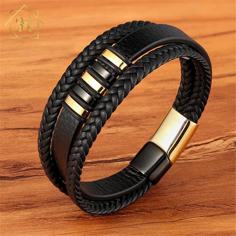 

Wholesale Punk 3 Layer Bangle Jewelry Stainless Steel Magnetic Buckle Wrap Braided Genuine Leather Bracelet Men