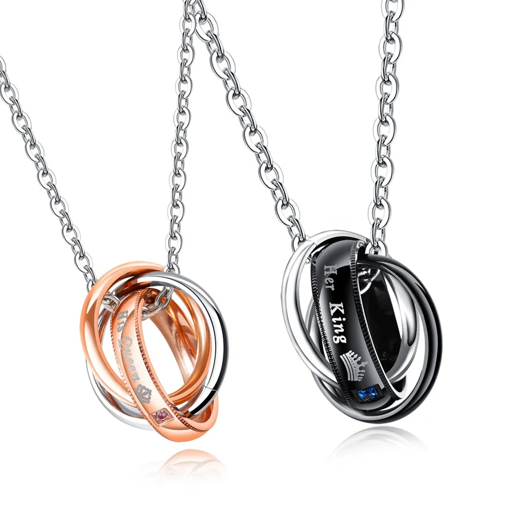 

Stainless Steel Crown Letters Zircon King And Queen Pendant Couples Necklace, Rose gold ,black