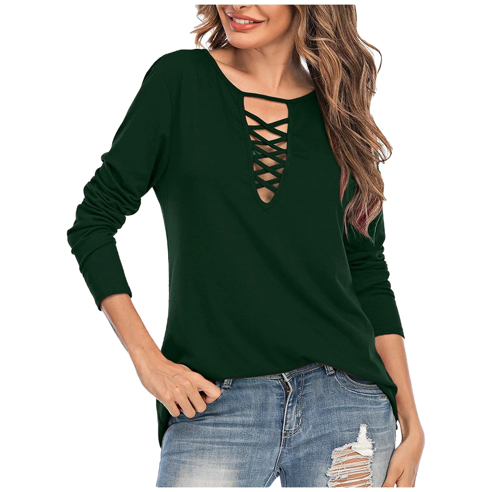 

2021 fashion ladies spring trendy casual long sleeve hollow out for women CrissCross top