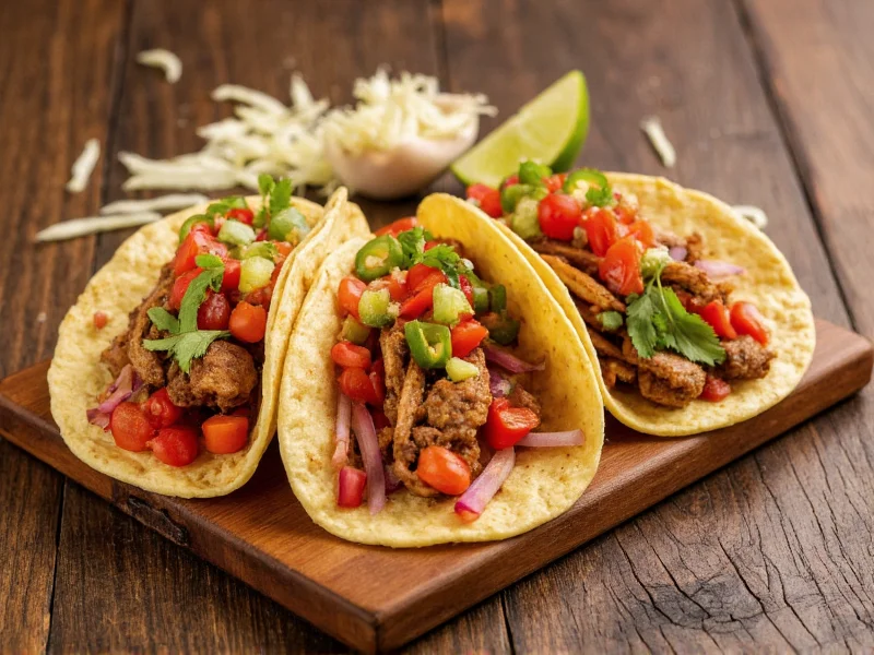 Three vibrant homemade taco variations on rustic wooden board