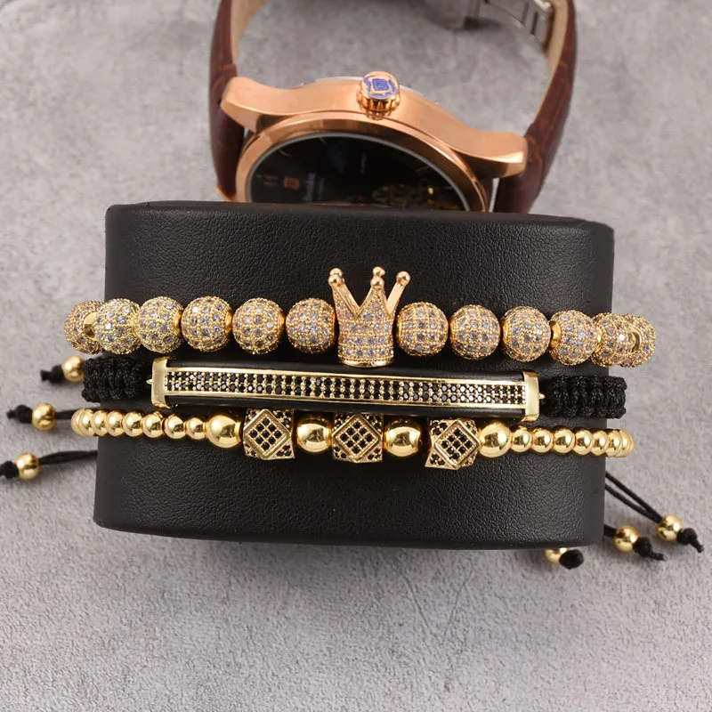 

European Top Selling Luxury Adjustable 3Pcs/Set 18K Gold Plated Micro CZ Balls Crown Braiding Bracelet Set